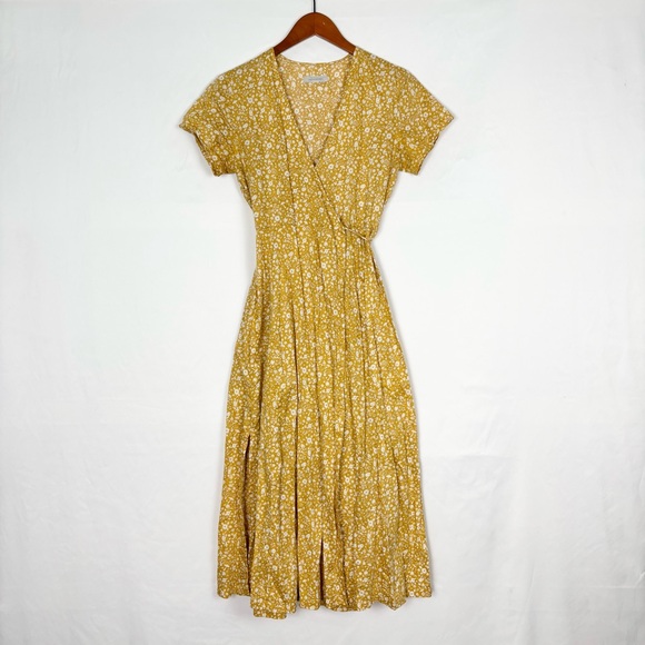 Outerknown Dresses & Skirts - Outerkown Organic Cotton Floral Wrap Dress Midi Short Sleeve Size XS Yellow